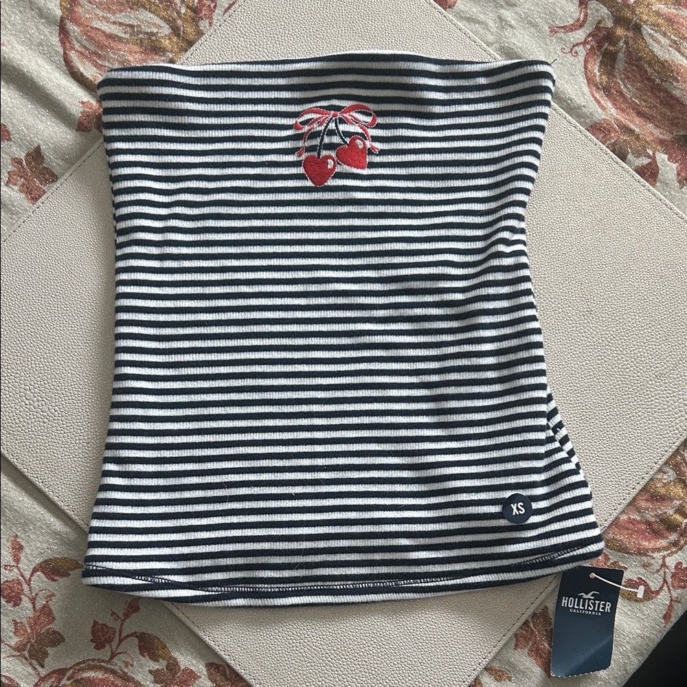 Hollister Navy and White Striped Tube Top with Cherry Accent